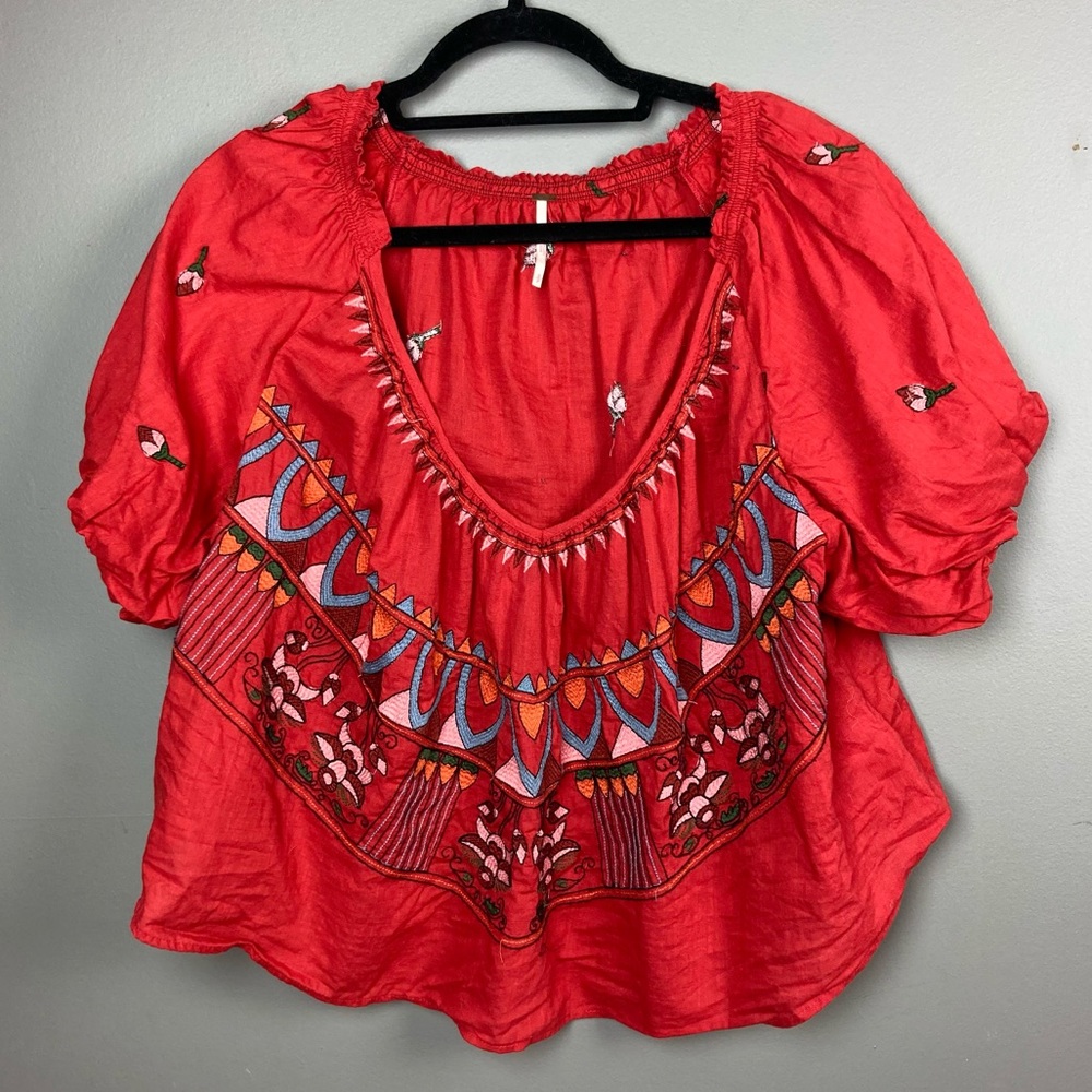 Free People Embroidered Red Boho Blouse Size Small